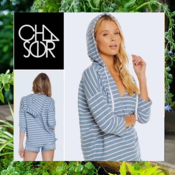 CHASER New‎ Terry Stripe Beach Hoodie Dolman Top sweater Blue White nautical - Picture 1 of 16